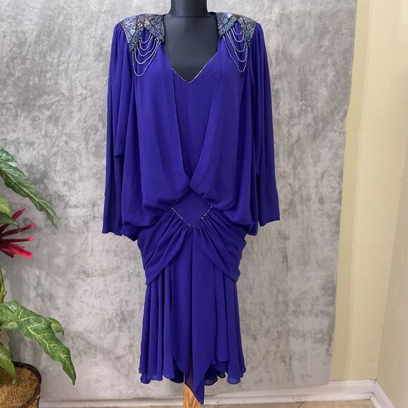 Casadei 1980s Double Layered Formal Dress M/L  Purple beaded shoulders Art Deco - Picture 1 of 16
